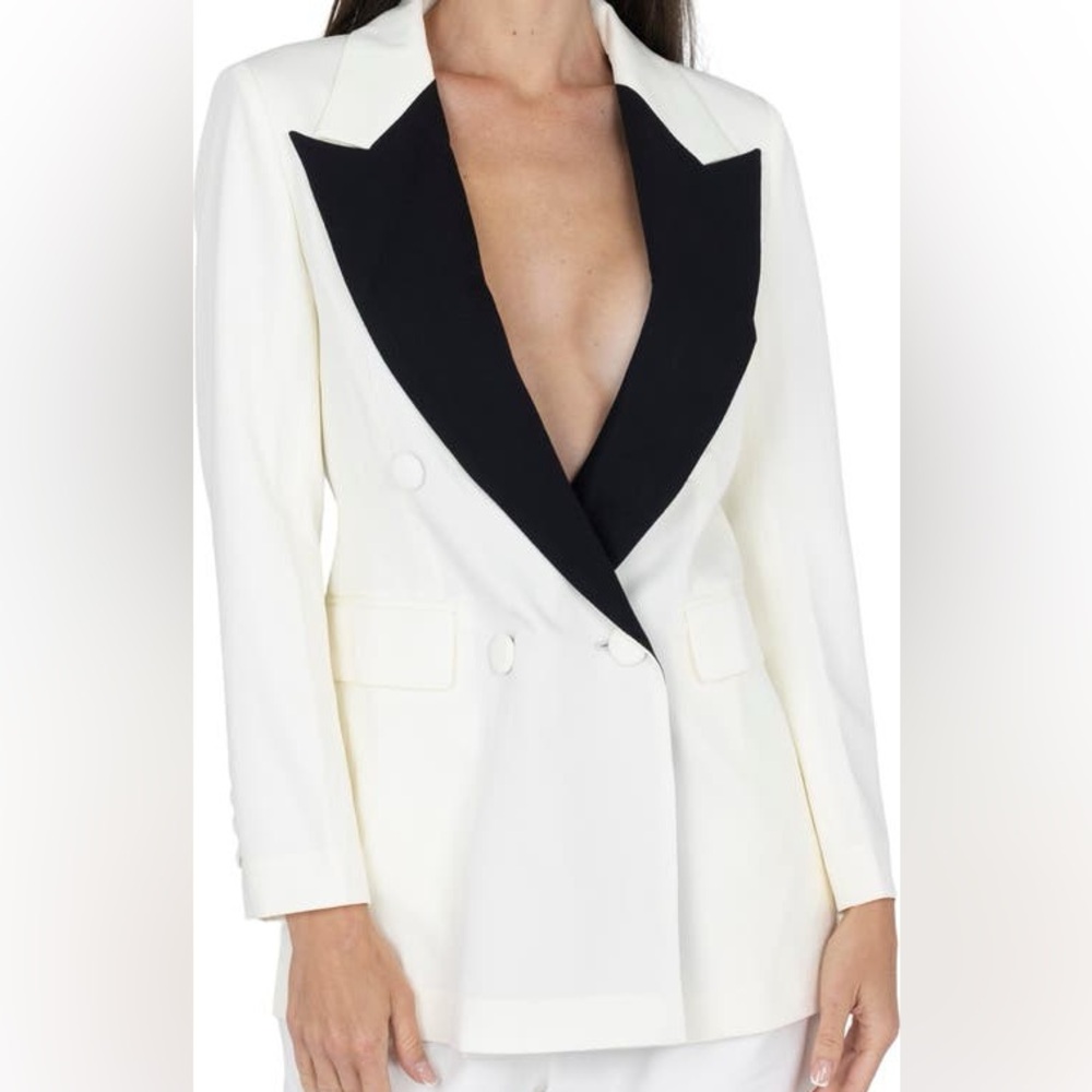 AKALIA Mendy Double Breasted Tuxedo Jacket | Cream & Black | S | NWT